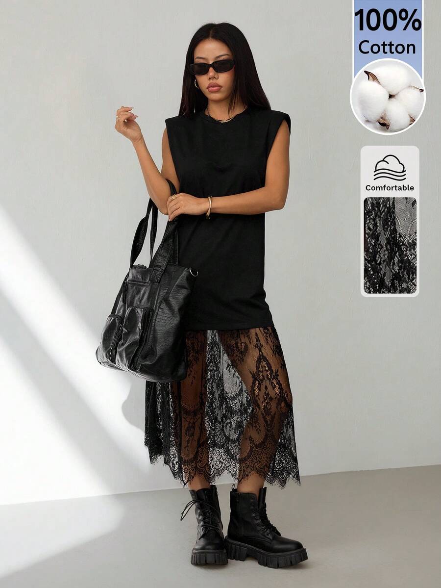 SHEIN PETITE 女款黑色時尚蕾絲拼接無袖長洋裝,夏季休閒純色柔軟洋裝,適合夜生活、度假、通勤,適合嬌小女性 - 黑色 - 查看 1