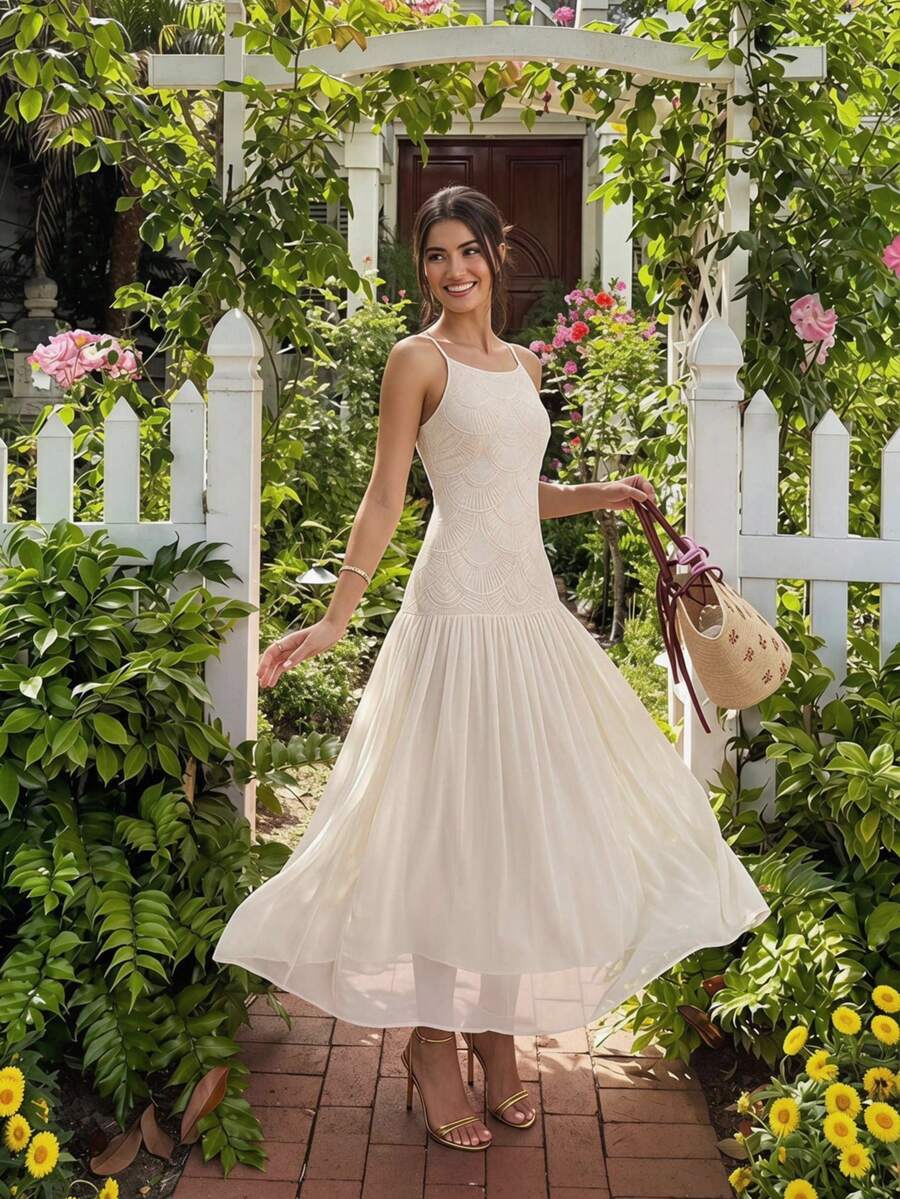 Enchnt Women's White Elegant Tropical Sequin Summer Lace Patchwork Spaghetti Strap Long Slip Dress,Dining Formal Vacation Party Wedding Prom Ceremony Dress