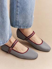 Rosivie Sepatu Flat Wanita Gaya Retro Elegan untuk Berpergian, Kasual, dengan Trim Kontras dan Gesper yang Dapat Diatur - Grey - View 3