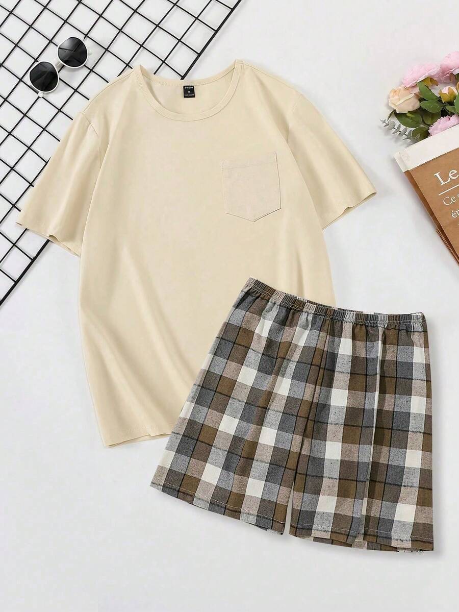 SHEIN Provexi Men's Solid Color Short Sleeve Top And Plaid Shorts Loungewear Set - Multicolor - View 1