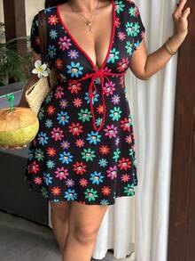 Sunnyshic Betty Boop x SHEIN Plus Size Women's Vacation Cartoon Print Deep V-Neck Tie-Front Dress Going Out Holiday Black Summer 90s Cute Kawaii Y2k - Black - View 6