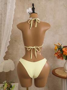 Bellisia Swim Bonvoyette 3件組 春夏度假純色紋理布料金屬圓盤飾邊三角比基尼上衣、高衩比基尼褲與連身洋裝性感女款泳裝套裝 - 杏色 - 查看 7