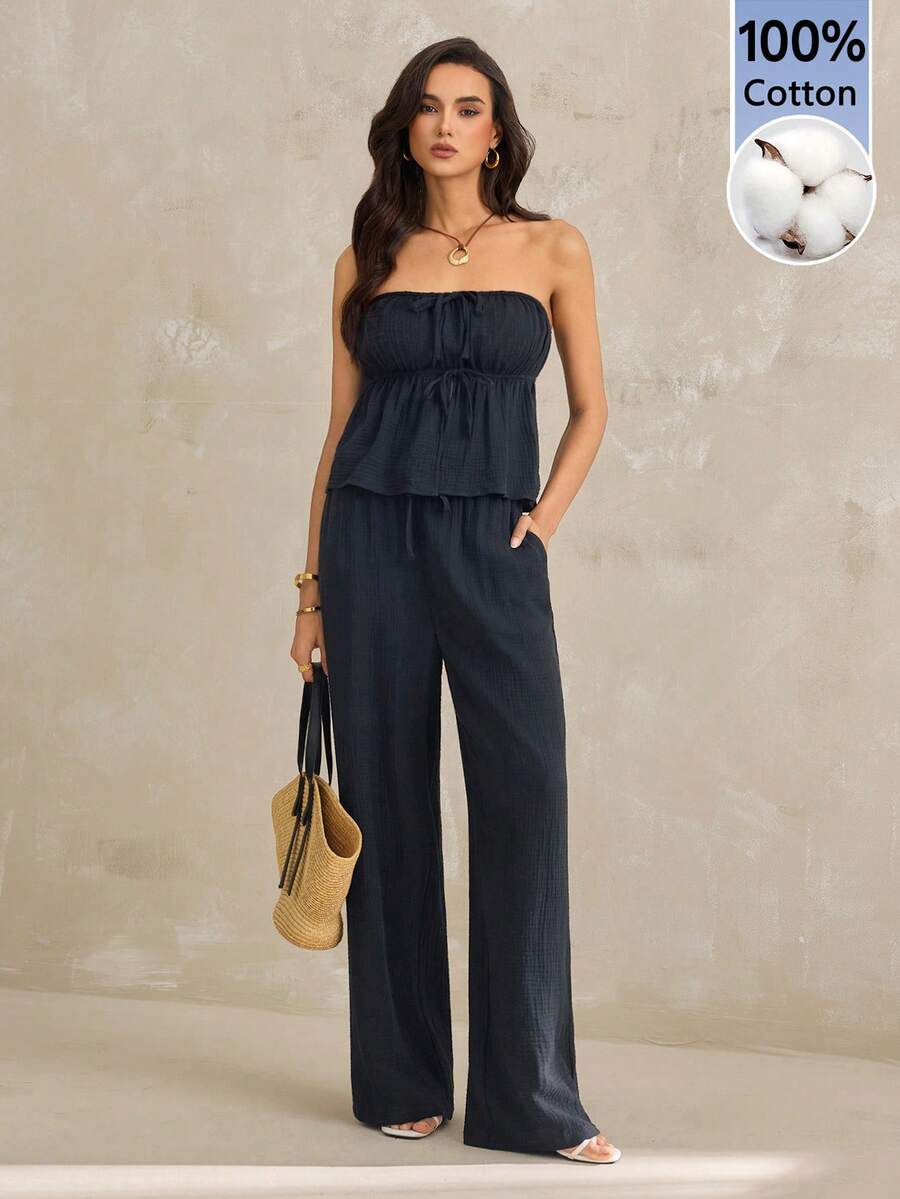 SHEIN Tall 女士黑色梭织休闲套装 - 黑色 - 查看 1