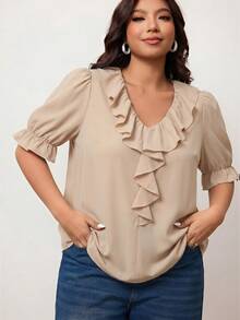 Enliva Áo kiểu nữ size lớn cổ chữ V tay ngắn bèo nhún - Màu Khaki - Xem 3