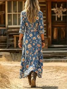 EMERY ROSE Nouvelle robe longue sexy à col V, taille cintrée et grand ourlet, imprimé floral discret, coupe régulière pour femmes, - Bleu azur - Voir 2