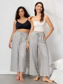 LUVLETTE Große Größen Sommer Natürlich Gemütlich Graue Weite Hose - Strukturierter Stoff & Kordelzug Taille Frische Leichte Lounge Hose Lässige Weite Beine - Grau - Übersicht 5