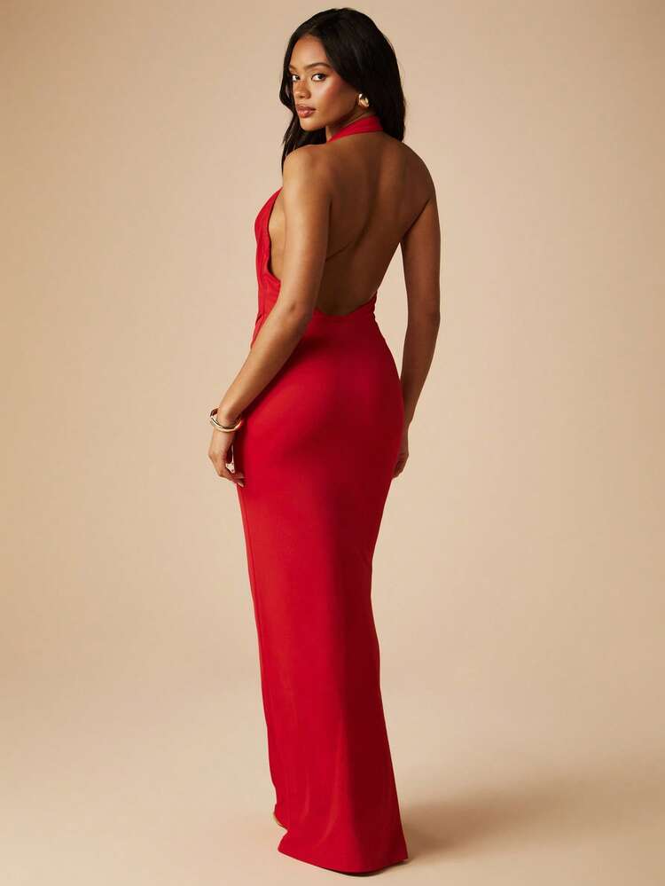 MISSGUIDED Vestido largo rojo sin mangas con cuello de capucha, estilo halter sin espalda, vestido formal de noche hasta el suelo