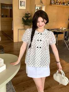 DAZY 女款彼得潘領格紋休閒韓風學院風夏季襯衫 - 白色 - 查看 4