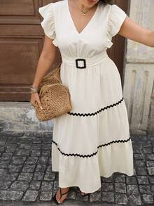 Lacomfia Plus Size Women's V-Neck Pleated Casual Boho Party Beach Dress Black And White Summer - Beige - View 1