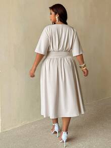 Auralis Plus Size Women Solid Color V-Neck Pleated Casual Party Dress - Apricot - View 3