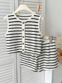Travachic KIDS Set Atasan Tank Top Rajut Kasual Bergaris dan Celana Pendek Pinggang Elastis untuk Anak Perempuan Remaja - Hitam dan Putih - View 3