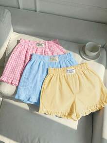 Comfortcana Conjunto de 3 piezas de shorts casuales holgados con lazos, volantes, apliques bordados y patchwork para mujer, estampado de parches - Multicolor - Ver 10