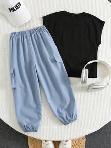 SHEIN 2pcs/Set Young Boys Casual Comfortable Versatile Sleeveless Wide Shoulder Print Pattern Top And Cuffed Long Pants Set - Dusty Blue - View 5