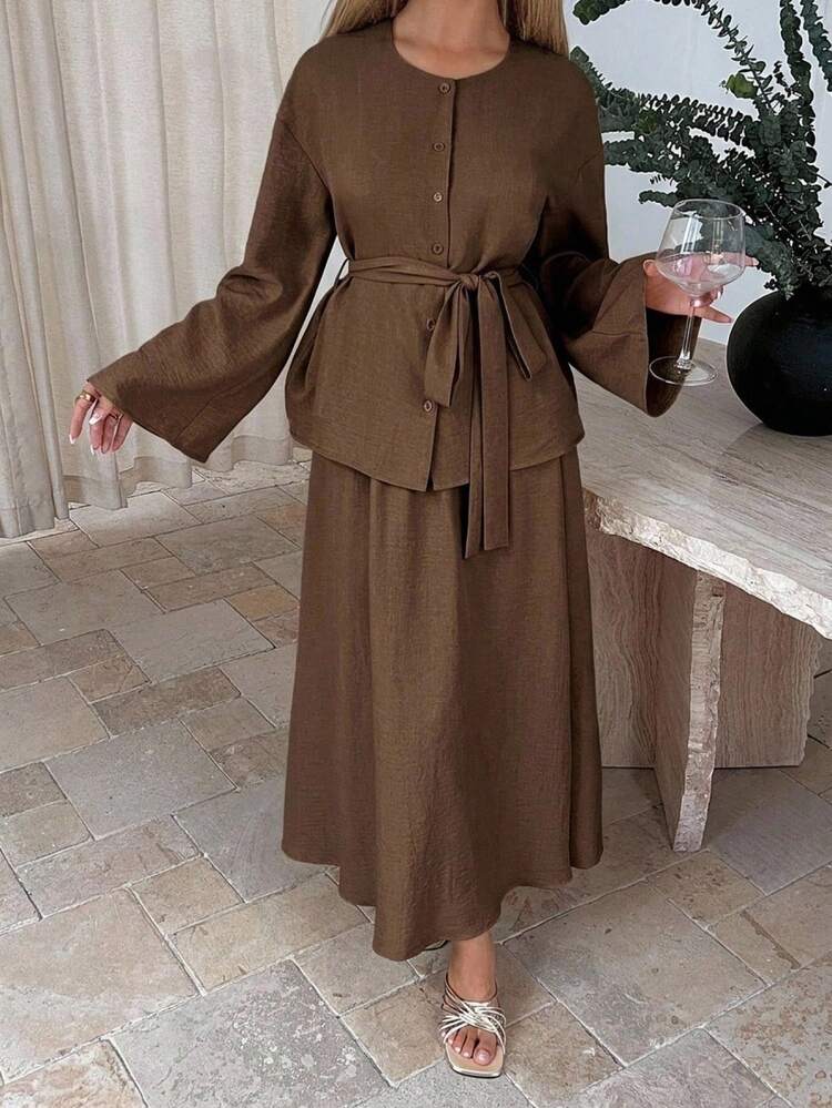 Spring Loose Casual Elegant Pullover Shirt And Long Skirt 2pcs Set For Women