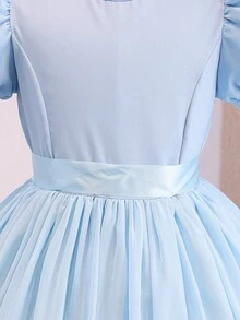 Girls' Blue Puff Sleeve Chiffon Dress, Lightweight And Soft, Suitable For Vacation, Graduation Ceremony, Back To School, Wedding Season, Various Ball Events, Formal Occasions - Blue - View 6