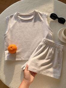 Comfortcana Conjunto de 2 piezas de camiseta de tirantes de cuello redondo casual gris y shorts de cintura elástica para mujer, de verano - Gris Claro - Ver 8