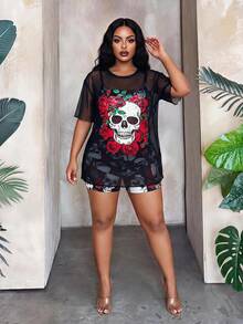 Maweii Bộ đồ bơi tankini họa tiết đầu lâu và hoa hồng Punk cỡ lớn 3 món kèm áo choàng, mùa hè, Halloween - Nhiều màu - Xem 3