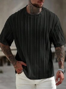 Manfinity CasualCool 男士大尺碼休閒純色短袖T恤，度假風 - 黑色 - 查看 4