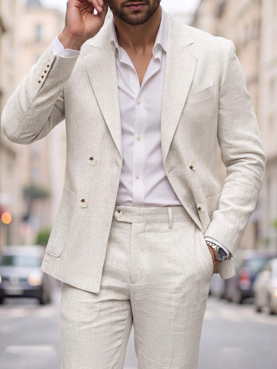 Manfinity Mode Men's Solid Color Lapel Neck Double-Breasted Business Travel Suit Jacket, Ceremony, Formal - Beige - View 1