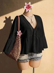 SHEIN ICON 大尺碼女款純色V領百褶休閒百搭日常外出上衣 - 黑色 - 查看 3