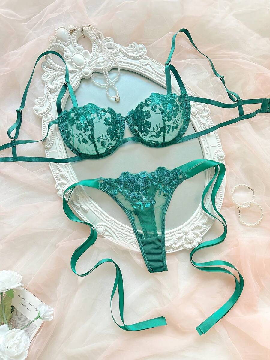 SHEIN Women's Sky Blue Embroidered Lace-Up Lingerie Set 2pcs - Dark Green - View 1