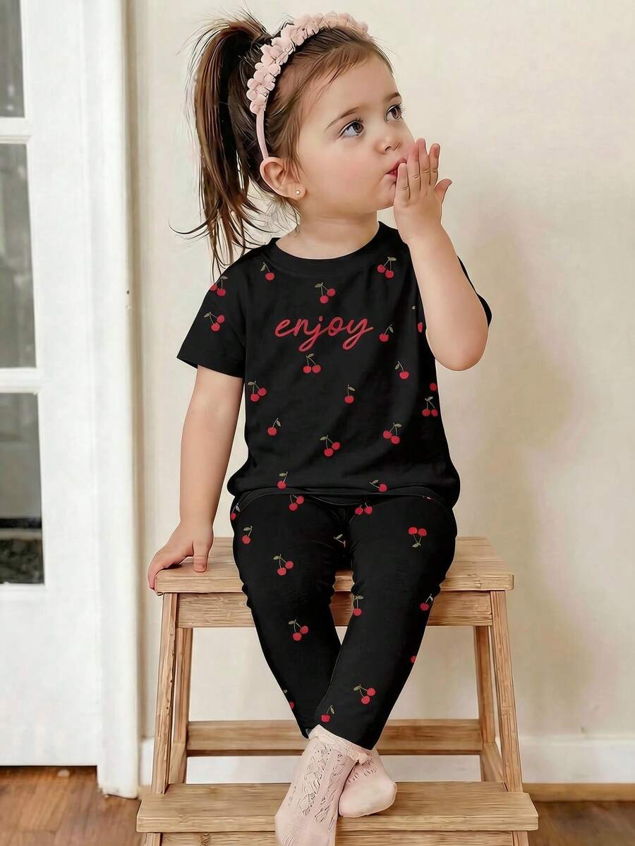 Baby Girl Cute Black And Red Cherry Letter Pattern T-Shirt & Leggings Set,Autumn Family Matching Casual Round Neck Long Sleeve Outfit For Vacation - White - View 1