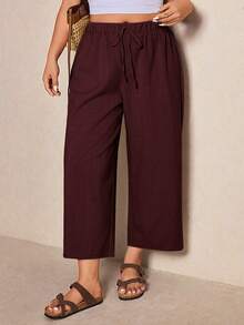 Elaquor Plus Size Women's Solid Color Drawstring Waist Casual Versatile Daily Wear Wide Leg Pants Trail Ride Burgundy Summer - Red Violet - View 1