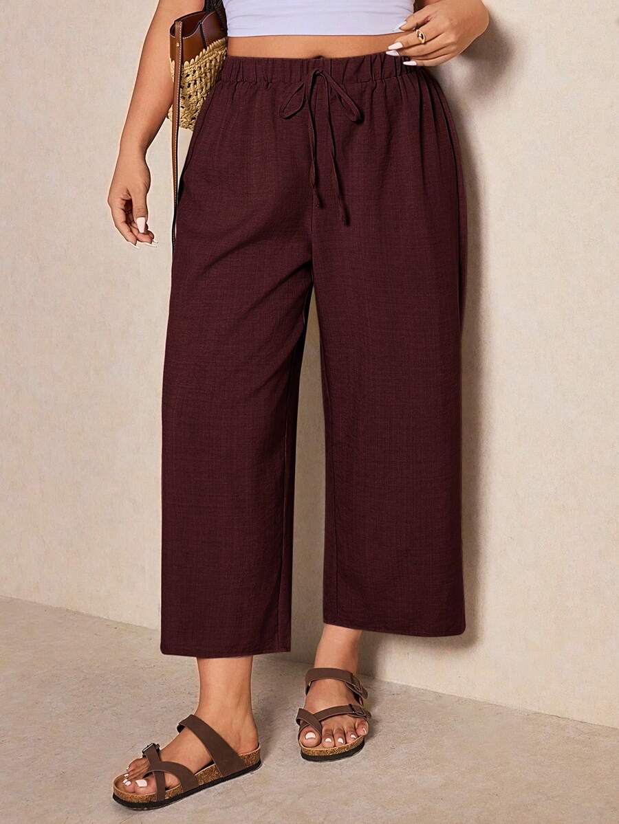 Elaquor Plus Size Women's Solid Color Drawstring Waist Casual Versatile Daily Wear Wide Leg Pants Trail Ride Burgundy Summer - Red Violet - View 1
