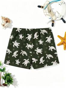 SHEIN 兒童青少年男孩休閒熱帶時尚印花寬鬆沙灘度假長褲，適合夏季海灘戶外游泳，深綠色 - 彩色 - 查看 3