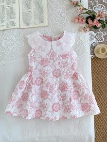 SHEIN Baby Girl 0-3 Years 1pc Summer & Autumn Casual And Cute Style Going Outfit, Flower Fabric Sleeveless Short Dress, Comfortable Clothing Suitable For Outdoor Activities, Peter Pan Collar Sweet Princess Dress With Lace Trim, Pink Summer Sleeveless Dress - Multicolor - View 4