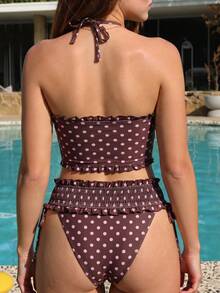 Swim Mod Women's Polka Dot Bow Decor Halter Tankini And Triangle Tankini Bottom Two-Piece Swimsuit Set, Suitable For Summer Vacation And Beach Cute - Multicolor - View 2
