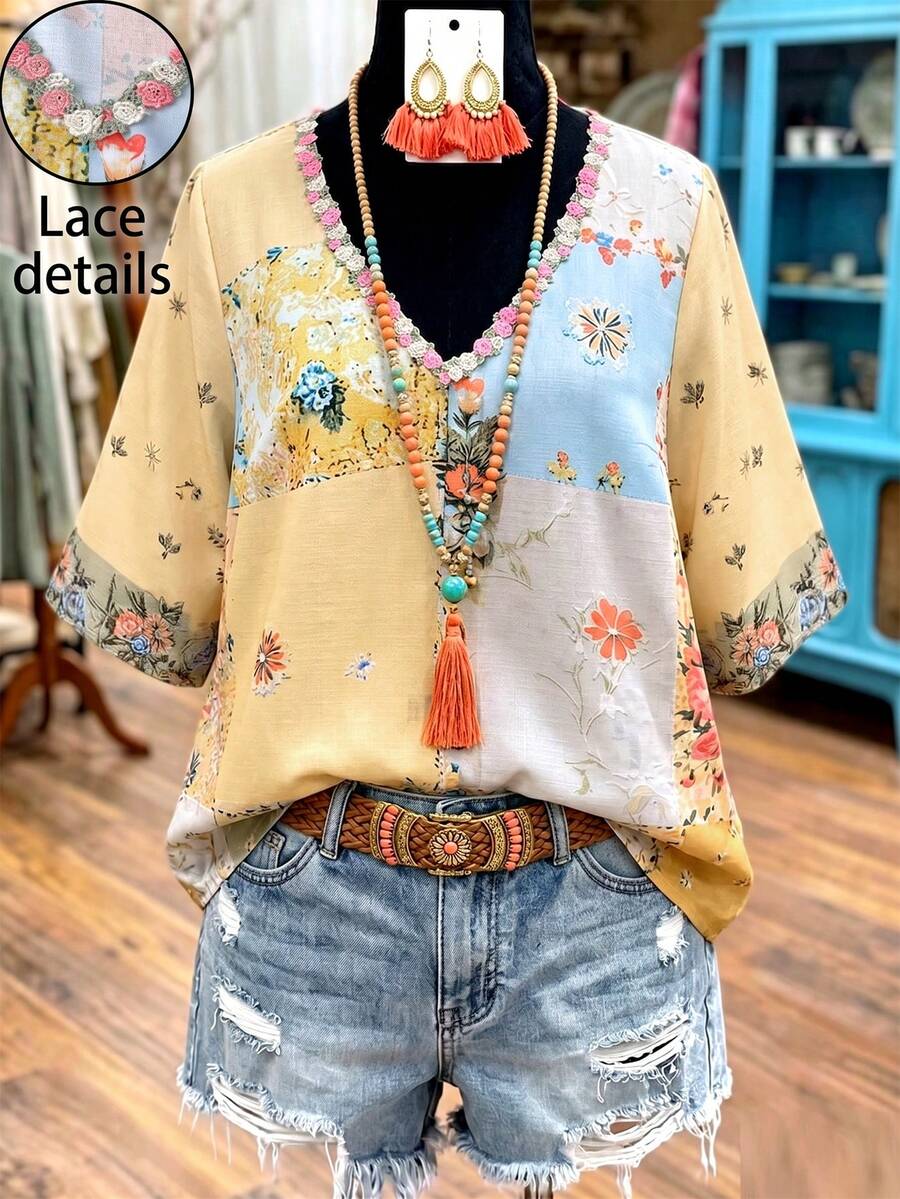 Linhara Women's Plus Size Boho Patchwork Print V-Neck Ruffle Trim Blouse, Contrast Ditsy Floral 3/4 Sleeve Slimming Ruffle Hem, Vacation Autumn Light Blue - Light Yellow - View 1