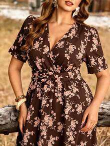 Ceyna Plus Size Women's Floral Print Short Sleeve Elegant Boho Vacation Dress Vacation Brown Summer - Coffee Brown - View 3