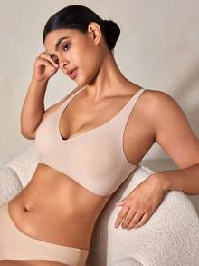 Veilyse Women's Seamless V-Neck Gel Push-Up Bra, Removable Pads & Racerback Design - Comfortable Wireless Structure, Breathable Lingerie, V-Neck, Elastic Underwear, Suitable For Daily Wear, All Seasons, Work, Yoga - Apricot - View 3