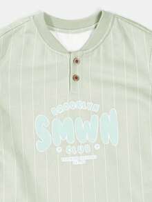 SUMWON Boys Pinstripe Henley Co-Ord Set With Graphic Logo Print Shorts Summer Casual Matching Outfit - Green - View 3