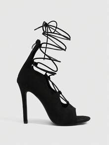 CUCCOO SZL Women Shoes Black Suede Strap-Up Skinny Sandals, Sexy Open-Toe Lace-Up Back Zip Heels Summer - Black - View 4