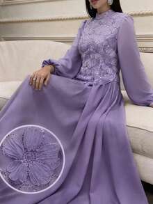 Feyla 女款網紗亮片刺繡 2合1不對稱下擺百褶長袖洋裝 - 紫色 - 查看 2