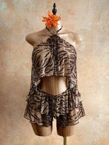 Mistrie Conjunto de 2 piezas de top corto y shorts con estampado de cebra para mujer, sexy para cita nocturna - Dorado - Ver 6