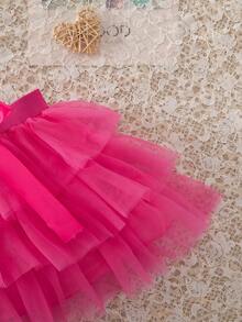 SHEIN Young Girl Mesh Overlay Layer Hem Belted Skirt - Hot Pink - View 6