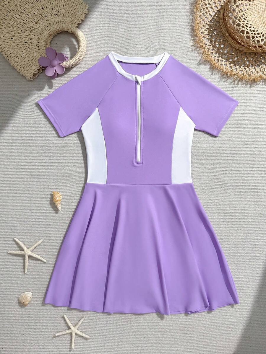 SHEIN Tween Girl Raglan Short Sleeve Colorblock Casual One-Piece Swimsuit Dress - Mauve Purple - View 1