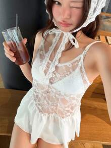 K-Vae Top de camisola de encaje blanco versátil y casual para mujer, con diseño calado, volantes transparentes, sin mangas, ropa interior/exterior - Blanco - Ver 3