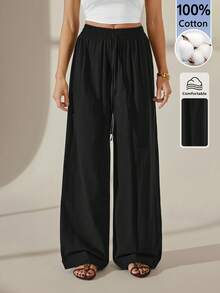 SHEIN Tall 女款純色休閒直筒長褲 冬季黑色 春季 高個女性適用 - 黑色 - 查看 5