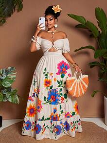Maweii Plus Size Floral Print Off-Shoulder Hollow Out Ruffle Hem Short Sleeve Dress - White - View 6