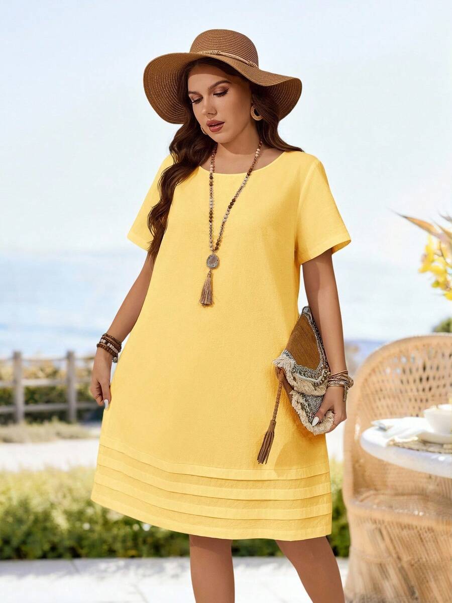 Rosumi Vestido casual de manga corta de unicolor para vacaciones de talla grande, atuendos de verano para mujer/verano, ropa de mujer para vacaciones tropicales - amarillo ganso - Ver 1