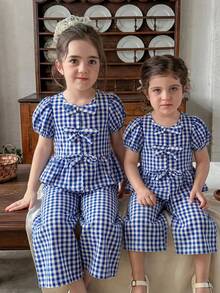 LMoss Kids Baby Girl Woven Blue Gingham Petal Sleeve Casual Shirt And Loose Casual Long Pants 2pcs Set Causal Blouse Cute Outing Holiday - Blue and White - View 6