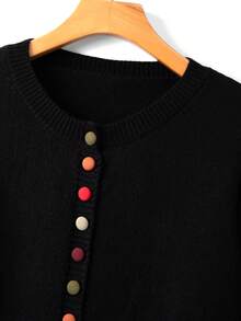 SHEIN Plus Size Casual Round Neck Colorful Button Long Sleeve Cardigan - Black - View 3