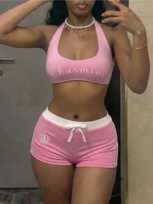 StreetHx Women's Spring/Summer Hot Girl Streetwear Set, Halter Top With Design Sense And Colorblock Shorts - Pink - View 7