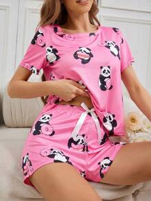 SHEIN 標準尺寸熊貓甜甜圈圖案圓領女款睡衣套裝 - 彩色 - 查看 5