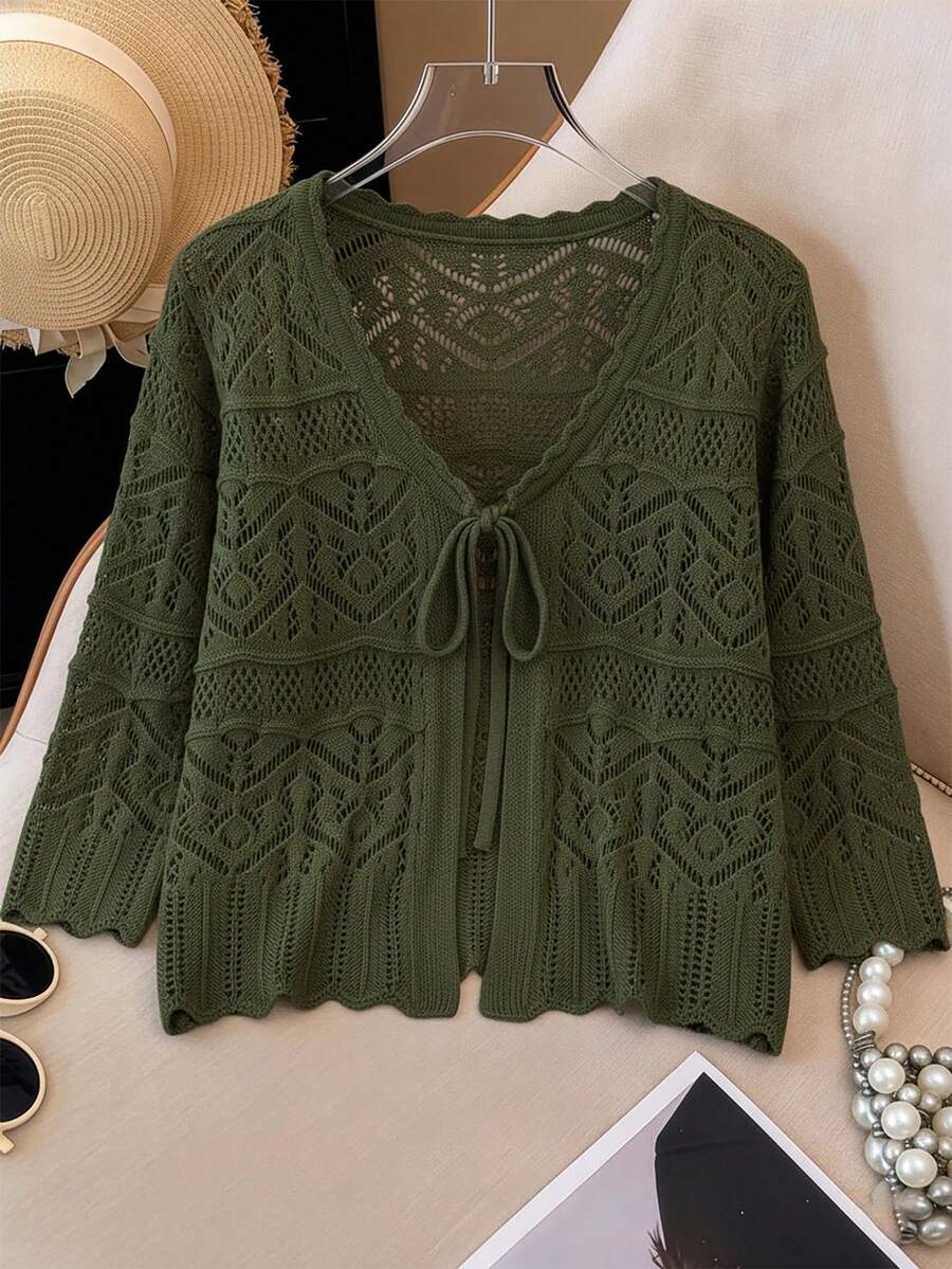 SHEIN LUNE CURVE Cardigan Ukuran Besar Elegan dengan Detail Lubang, Lengan 3/4, Leher Bulat, dan Pita untuk Musim Gugur - Hijau Tentara - View 1