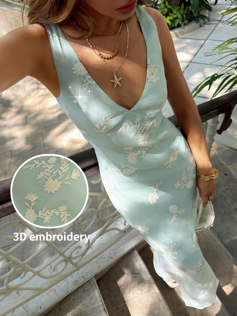 Aloruh 女款春夏度假輕便正式洋裝,純色黃色鏤空飄逸雪紡婚禮季深垂領性感露背垂領貼身美人魚長裙 - 綠色 - 查看 1